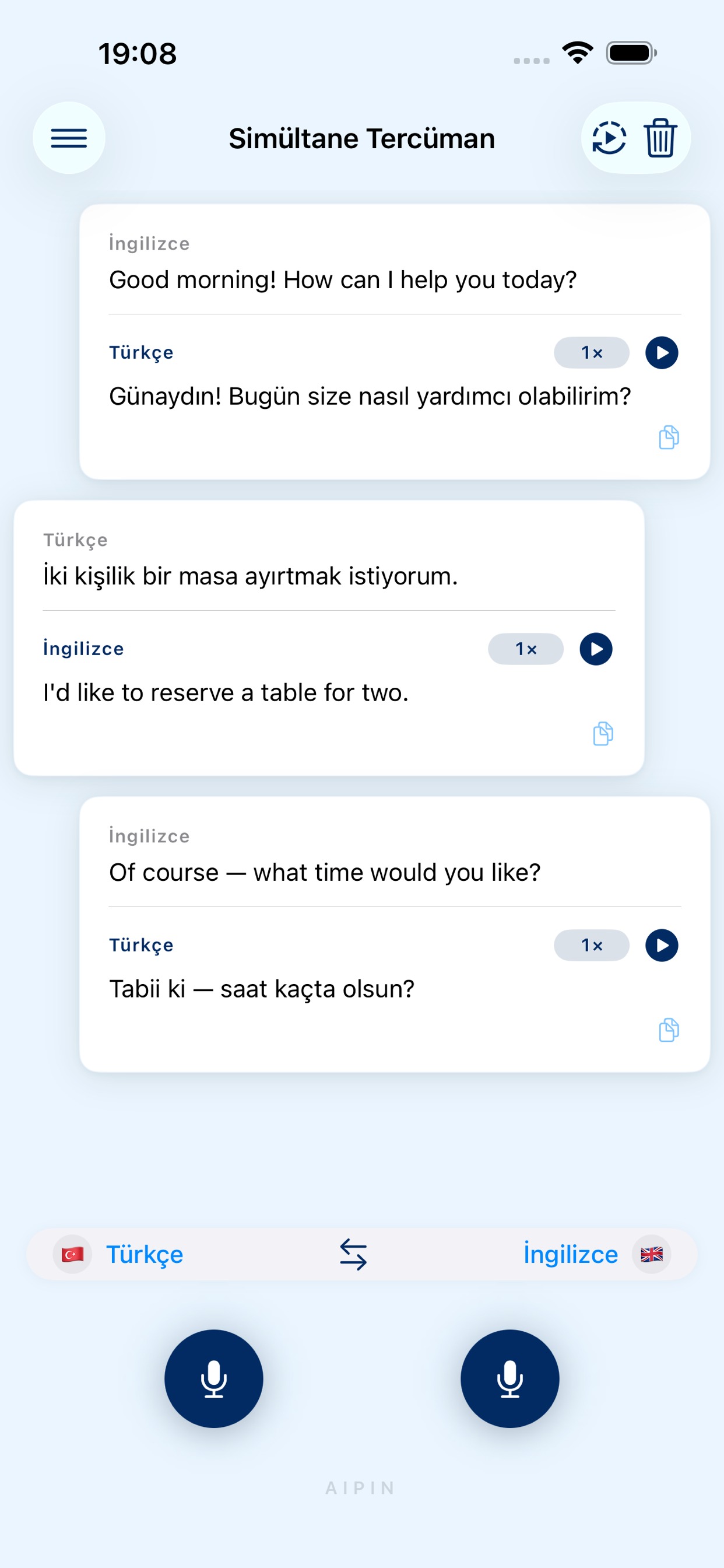 AiPin Simültane Tercüman ekranı